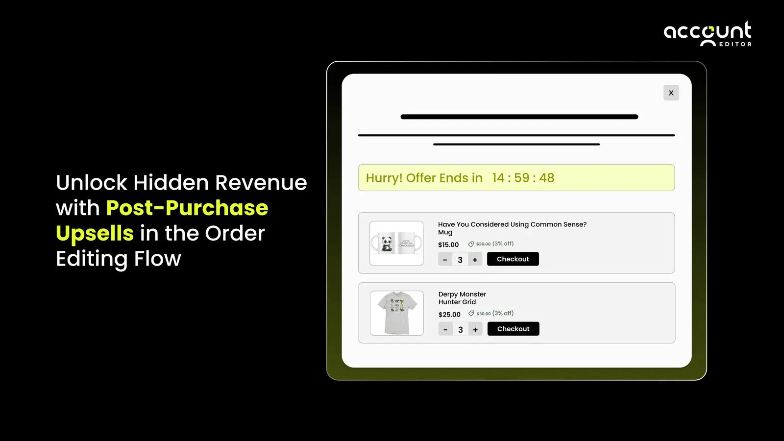 Illustration showing post-purchase upsells displayed inside a Shopify order editing flow with product recommendations and urgency timer.