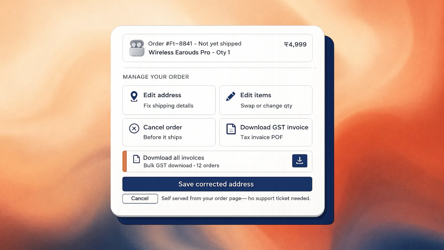 MIVI customer's order status page with self-serve actions: edit address, edit items, cancel order, and download invoice