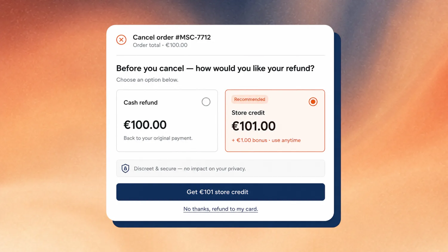 MySecretCase cancel flow offering store credit instead of a cash refund on the order status page