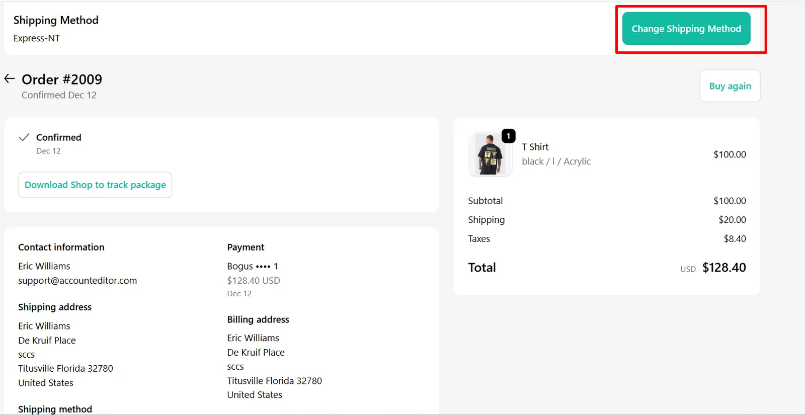 Customer view — “Change shipping method” option
