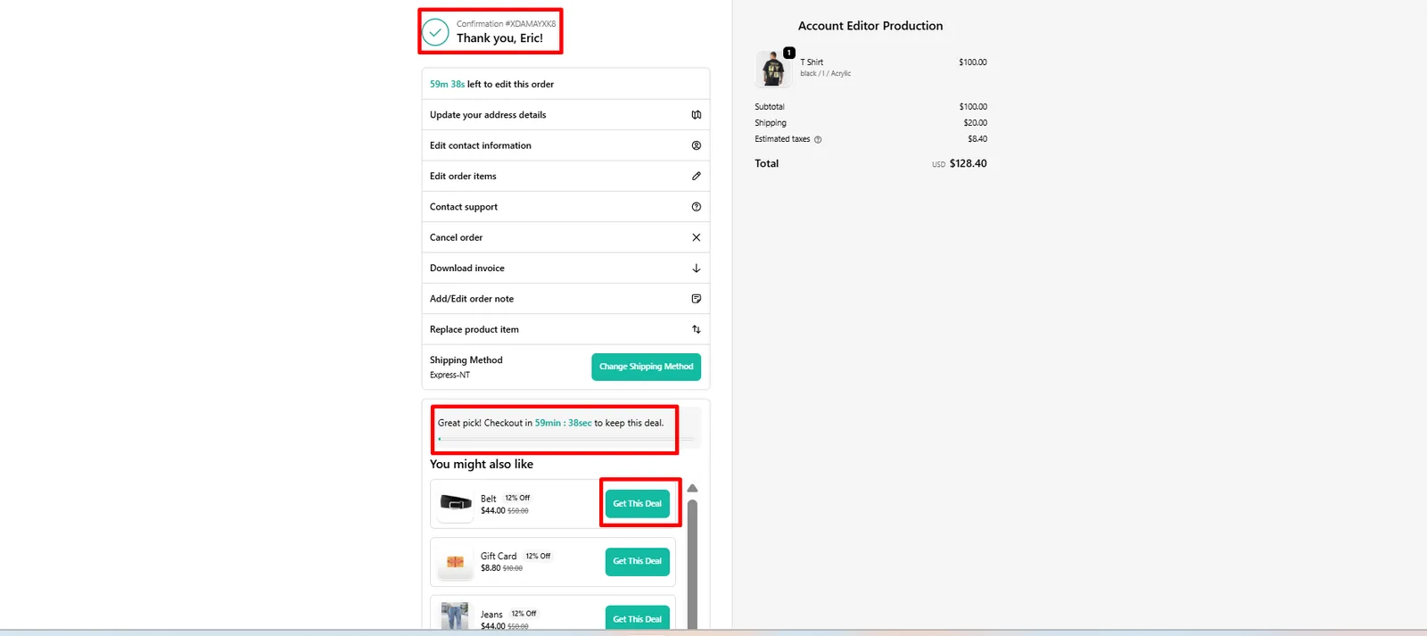 Customer view — upsell shown on thank you page