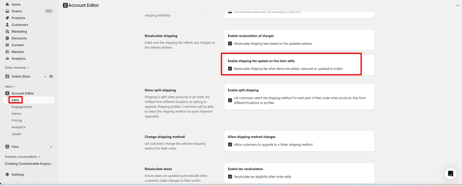 Setting — “Recalculate shipping on item edits”