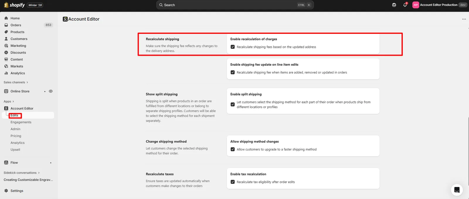 Settings → Enable recalculation of charges