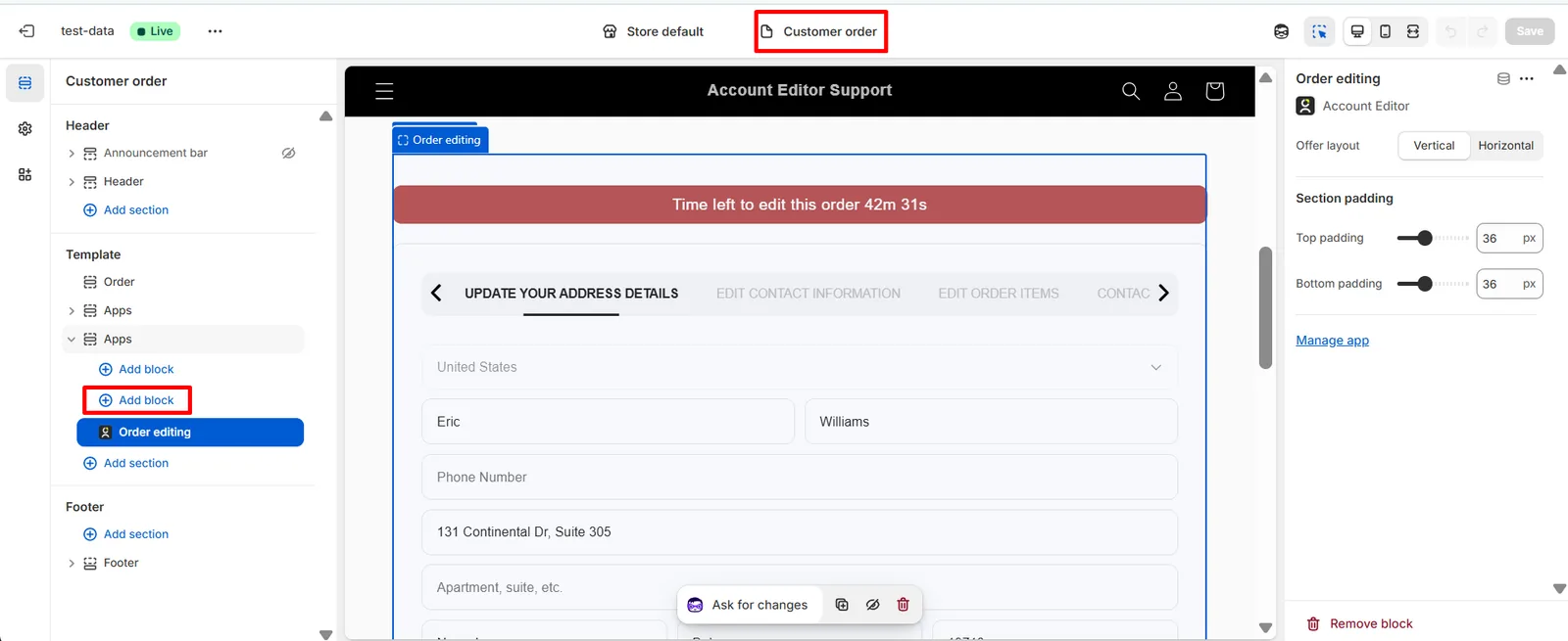 Theme editor showing Customer Order → Template → Add block → Account Editor